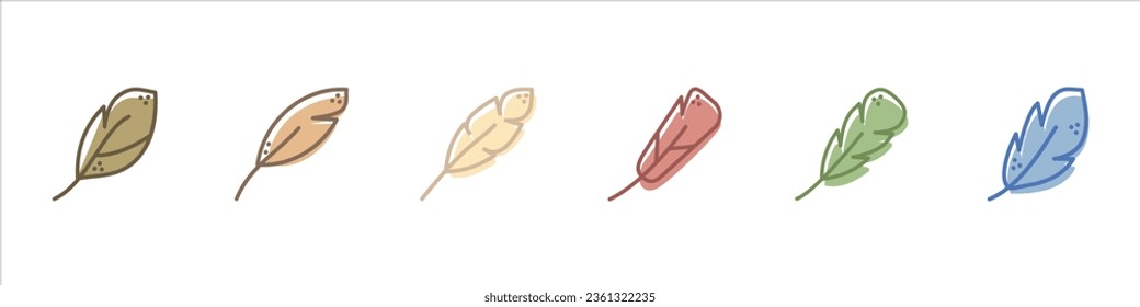 Set of feather icons. Vector illustration isolated on white background. Logo, sign, symbol, pen line. pastel shades.