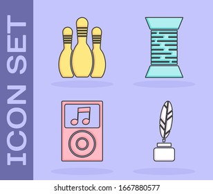 Set Feather and inkwell, Bowling pin, Music player and Sewing thread on spool icon. Vector