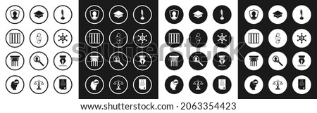 Set Feather and inkwell, Handcuffs, Prison window, User protection, Hexagram sheriff, Graduation cap, Fountain pen nib and Law pillar icon. Vector