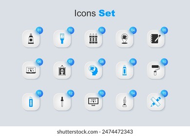 Set Feather and inkwell, Picture, Paint brush, Stationery knife, Crossed ruler pencil, roller, Tube with paint palette and spray icon. Vector