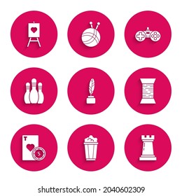 Set Feather and inkwell, Popcorn cardboard box, Chess symbol, Sewing thread on spool, Casino chip playing cards, Bowling pin, Gamepad and Wood easel painting art boards icon. Vector