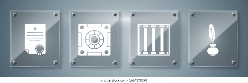 Set Feather and inkwell, Prison window, Safe and Certificate template. Square glass panels. Vector