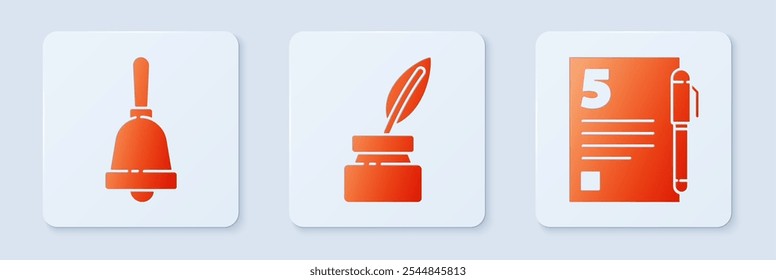 Set Feather and inkwell, Ringing bell and Test or exam sheet and pen. White square button. Vector