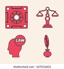 Set Feather and inkwell, Safe, Scales of justice and Head with law icon. Vector
