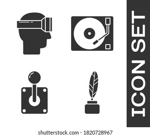 Set Feather and inkwell, Virtual reality glasses, Joystick for arcade machine and Vinyl player with a vinyl disk icon. Vector