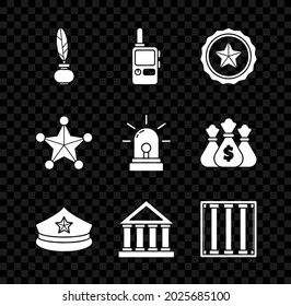 Set Feather and inkwell, Walkie talkie, Police badge, cap with cockade, Courthouse building, Prison window, Hexagram sheriff and Flasher siren icon. Vector