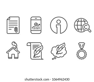 Set of Feather, International Ð¡opyright and Smartphone statistics icons. Attachment, Ð¡opyright chat and Medal signs. Copyright page, World copywriting, Mobile business. Vector