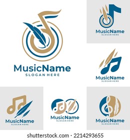 Set of Feather Music Logo Vector. Music Feather logo design template