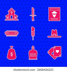 Set Feather pen, Alcohol drink Rum bottle, Playing cards, Western cowboy hat, Money bag, Harmonica, Wanted western poster and Church building icon. Vector