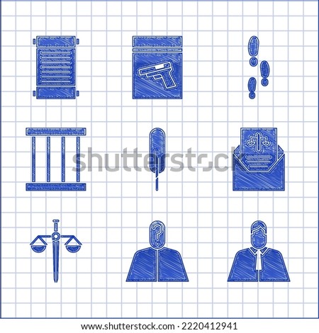Set Feather pen, Anonymous with question mark, Lawyer, attorney, jurist, Subpoena, Scales of justice, Prison window, Footsteps and Decree, paper, parchment, scroll icon. Vector