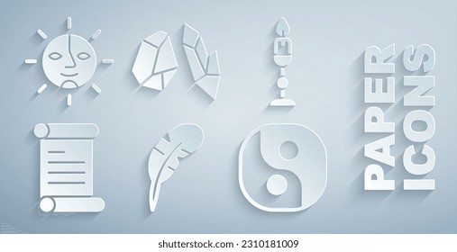 Set Feather pen, Burning candle, Decree, parchment, scroll, Yin Yang, Magic stone and Sun icon. Vector