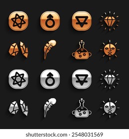 Set Feather pen, Diamond, Sun, Poison in bottle, Magic stone, Earth element, Tarot cards and Mars icon. Vector