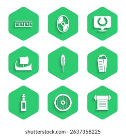Set Feather pen, Greek shield, Decree, parchment, scroll, Gyros Pita, Bottle of olive oil, trireme, Laurel wreath and Ancient pattern icon. Vector