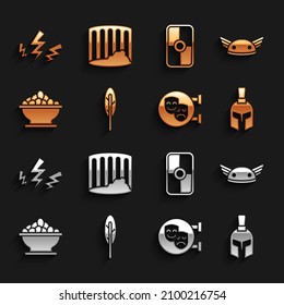 Set Feather pen, Helmet with wings, Greek helmet, Comedy and tragedy masks, Olives bowl, shield, Zeus and Ancient column icon. Vector