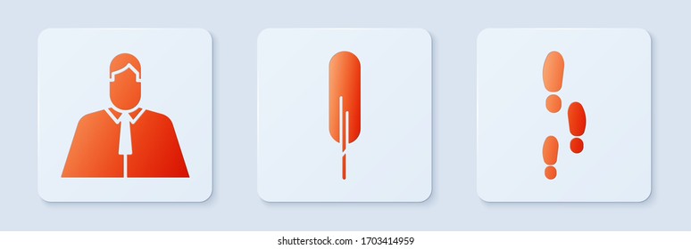 Set Feather pen, Lawyer, attorney, jurist and Footsteps. White square button. Vector