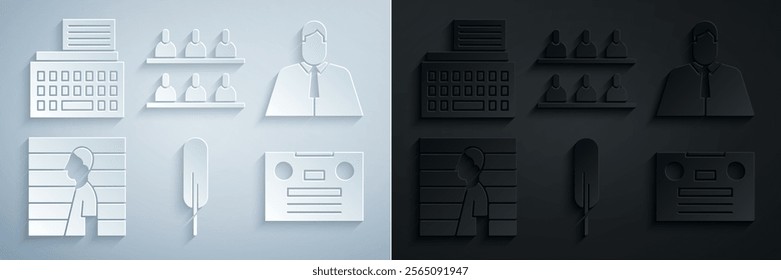 Set Feather pen, Lawyer, attorney, jurist, Suspect criminal, Retro audio cassette tape, Jurors and typewriter icon. Vector