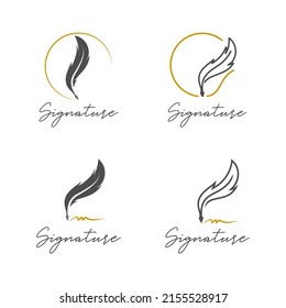 Set of feather pen logo design. Signature vector with quill pen concept. Minimalist and elegant pen write