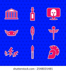 Set Feather pen, Medieval spear, Greek helmet, Caduceus snake medical, Zeus, Helmet with wings,  and Parthenon icon. Vector