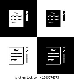 Set Feather pen and paper scroll icon isolated on black and white background.  Vector Illustration