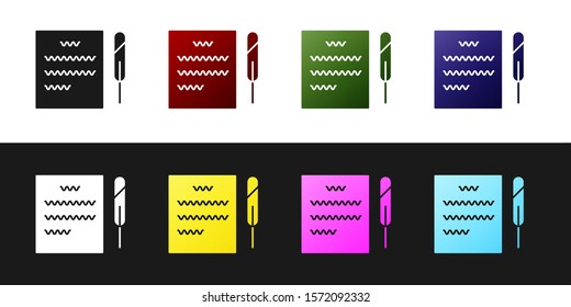 Set Feather pen and paper scroll icon isolated on black and white background.  Vector Illustration