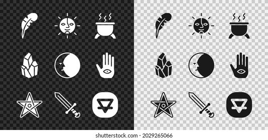 Set Feather pen, Sun, Witch cauldron, Pentagram, espada medieval, elemento de la Tierra, piedra mágica e icono de la luna. Vector