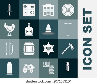 Set Feather pen, Tomahawk axe, Pickaxe, Wild west saloon, Alcohol drink Rum bottle, saddle, Military knife and Mexican sombrero hat icon. Vector
