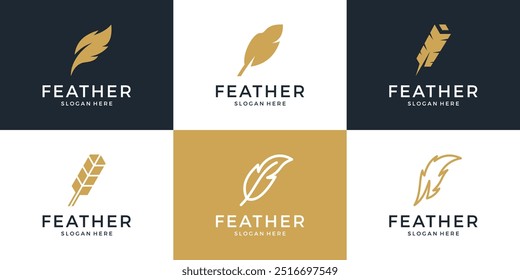 Set of feather signature logo design. Minimalist quill pen logo template.