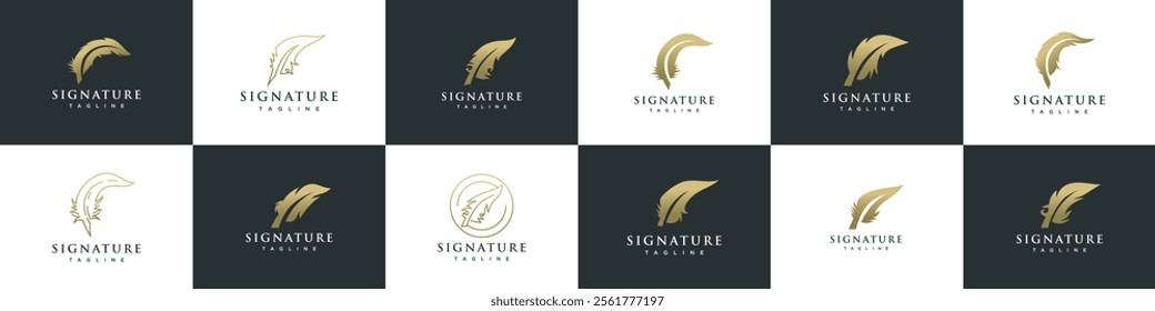 set feather signature logo design. Golden feather logo template.