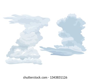 Set of feather steam clouds. Wavy, sparse cumulus and layer clouds against a sky background, floating in the direction of the wind. Detailed natural steam texture. Vector illustration isolated.