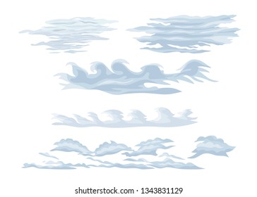 Set of feather steam clouds. Wavy, sparse cirrus clouds against a sky background, floating in the direction of the wind. Detailed natural steam texture. Vector illustration isolated.