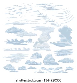 Set of feather steam clouds. Wavy, sparse cumulus, cirrus clouds against a sky background, floating in the direction of the wind. Detailed natural steam texture, cartoon vapour vector illustration.