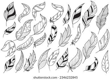 set of feather tools line art , outlines feather collection