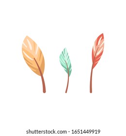 Set of feathers. Abstract plumage collection for stickers, invitation, card, textile, pattern. Vector isolated illustration on white background. Template for your design. Yellow, coral, mint color.