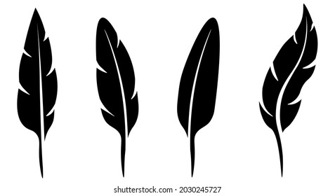 Conjunto de plumas, iconos negros de varias formas. Plantilla de silueta de plumas para escritura. Escribe con tinta.
Ilustración vectorial.