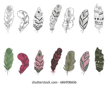 Set with feathers in boho style. Sketch vector illustration. Native American, ethnic collection