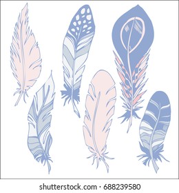 Set with feathers in boho style. Sketch vector illustration. Native American, ethnic collection