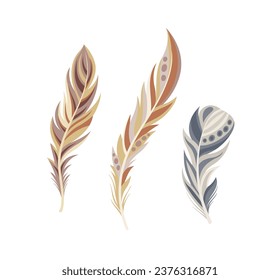 Set of feathers concept. Part of birds wings. Element of decor for Indian clothing. Aesthetics and elegance, beauty. Poster or banner. Cartoon flat vector collection isolated on white background