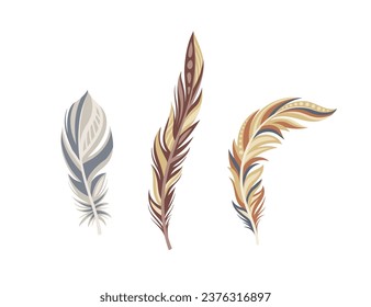 Set of feathers concept. Part of birds wings. Element of decor for Indian clothing. Authors equipment. Graphic element for website. Cartoon flat vector collection isolated on white background