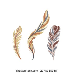 Set of feathers concept. Part of birds wings. Element of decor for Indian clothing. Tribal and rustic. Graphic element for website. Cartoon flat vector collection isolated on white background