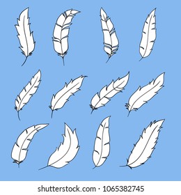 set of feathers design isolated on blue background - vector illustration