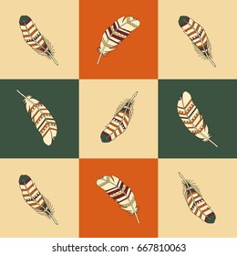 A set of feathers in ethnic style, Boho, Indian style. Vector illustration
