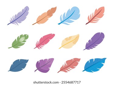 Set of feathers. Green, pink, blue and yellow feathers. Beautiful catcher and brush. Indian culture and traditions. Nib and peacock. Flat vector collection isolated on white background