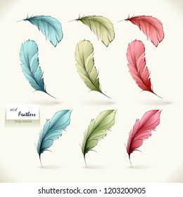 Set of feathers. Illustration of ten isolated objects, for fabric, textile and other prints, design purposes. Abstract, watercolor. Hand drawn. Vector - stock.