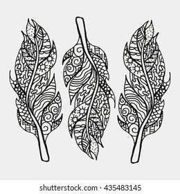 Set Of Feathers Isoltaed On White Background. Pattern For Adult Coloring Book. Hand Drawn, Ethnic, Retro, Doodle, Zentangle Design Elements. Made By Trace From Sketch. Vector Illustration