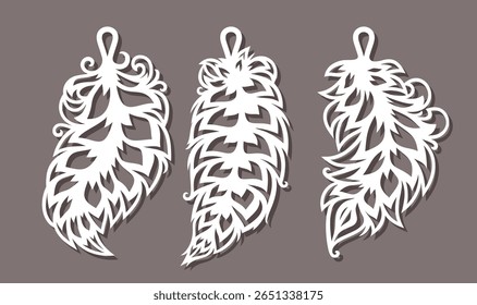 Set of feathers, leaves pendants. Hanging decoration for interior, decorative jewelry or keychain. Vector template for plotter laser cutting of paper, fretwork, wood carving, metal engraving, cnc. 