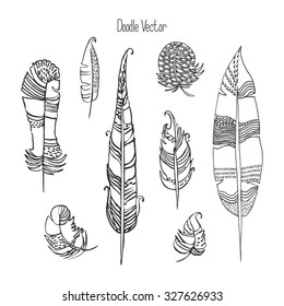 Set of feathers. Linear decorative graphics. Doodle, sketch. Vector.