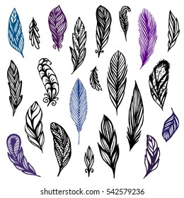 Set of feathers in native american indian style. Vector hand drawn hipster illustration isolated on white background. Boho design, coloring book for adults, design elements for cards, flyers