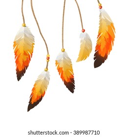 Set of feathers on the threads.  Ethnic style. Thanksgiving Day. Vector illustration