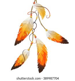 Set of feathers on the threads. Thanksgiving Day. Ethnic style. Vector illustration