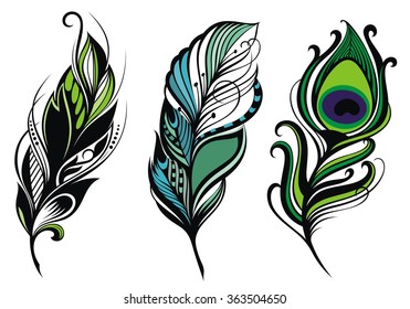 Conjunto de plumas sobre un fondo blanco